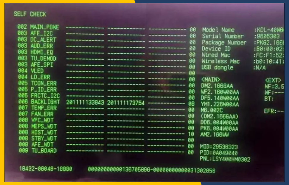 اعداد در منوی عیب‌ یابی تلویزیون سونی